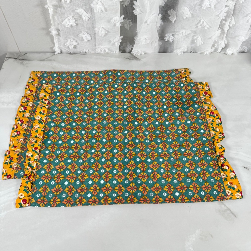 Set of 2 Reversible Floral Placemats Yellow Teal Green  Ruffle Cottagecore